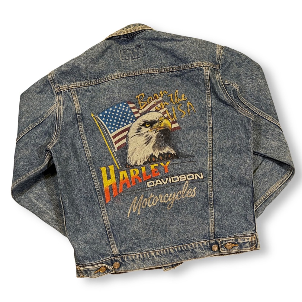 Harley-Davidson Blue Denim Jacket with Eagle & American Flag Graphic